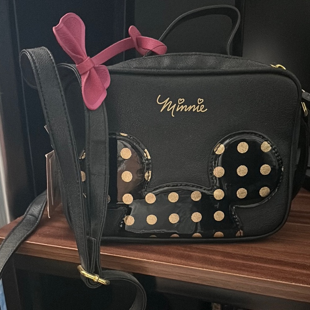 Danielle Nicole Black and Gold Crossbody Bag with Minnie Mouse Design